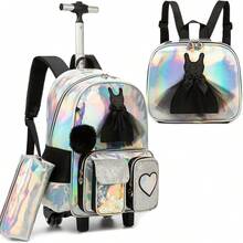 3件套女童拉杆背包套装，包括拉杆箱、斜挎包和铅笔盒，适合返校使用