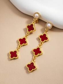 1 Pair Faux Pearl & Clover Clip-On Earrings, Elegant & Versatile Fashion Jewelry Gift Suitable For Valentine's Day, New Year, Banquet, Wedding And Other Occasions - Red - View 2