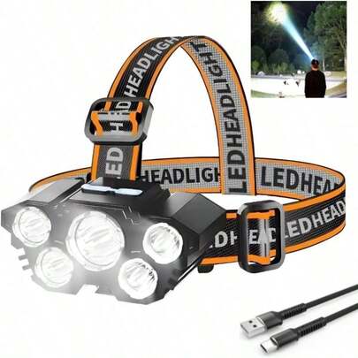 1 pedazo de 3 núcleos /5 núcleos LED faros recargables, construido en 18650 batería fuerte para acampar expedición pesca senderismo running escalada faros linterna resistente al agua al aire libre linterna brillante con correa de fijación de la linterna para acampar colgante