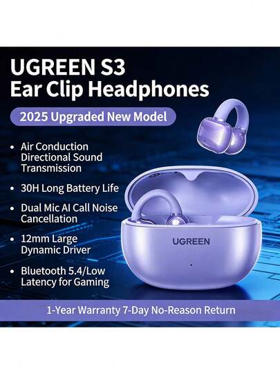 UGREEN WS209 Clip-On Open-Back Headphones (HiTune S3) - 5.3g Lightweight Design, Ergonomic Clip-On Earphone Design, IPX5 Water And Sweat Repellent, Suitable For Outdoor Sports, Running, And Cycling