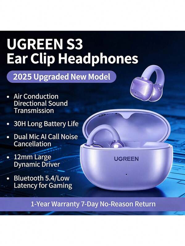 UGREEN WS209 Clip-On Open-Back Headphones (HiTune S3) - 5.3g Lightweight Design, Ergonomic Clip-On Earphone Design, IPX5 Water And Sweat Repellent, Suitable For Outdoor Sports, Running, And Cycling