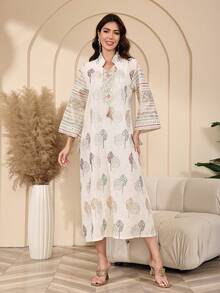 优雅刺绣阿拉伯风格连衣裙，JALABIA 领口拼接刺绣，时尚优雅的2026新款斋月传统服饰 - 白色 - 查看 2