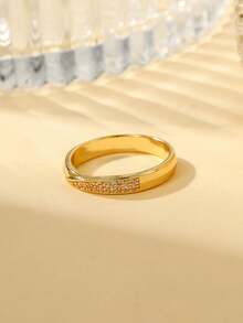 Gift Box Elegant Women's Cubic Zirconia Ring, Minimalist Versatile Jewelry For Wedding, Party, Daily Wear, Made Of Copper Material, Non-Allergic And Non-Fading, Ideal Valentine's Day Gift - Gold - View 5