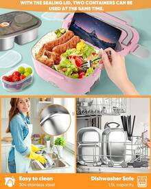 Lonchera Eléctrica - Fiambrera eléctrica de 60 a 80 W para adultos, calentador de alimentos portátil para coche, camión, trabajo, con tenedor y cuchara de acero inoxidable (Gray) - Rosa - Ver 4