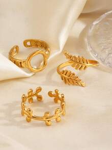 3pcs/Set Stainless Steel Minimalist 18K Gold Plated Leaf Design Jewelry Set, Suitable For Women Everyday Wear & Party - Multicolor - View 5