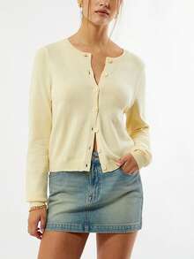 Womens Cardigan Sweaters Round Neck Long Sleeve Lightweight Button Down Sweater 2026 Spring Knit Tops - Yellow - View 3