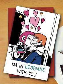 1pc, Unique Valentine's Day Card. LGBTQ Valentine's Card. Adult Valentine's Card. Includes Envelope. Premium Paper. Cartoon Girl Kissing Design. Love Card For LGBTQ. - Multicolor - View 7