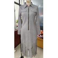 Vintage Western Deer Lapel Zipper Dress - Niannian - 灰色 - 查看 2