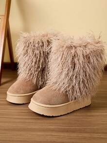 Women's Warm Mid-Calf Boots, Solid Color Casual Elegant Fabric Thermal Lining Super Warm Outdoor & Indoor Winter