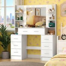 White Dressing Table Set LED Bulbs Large Mirror Vanity Make Up Desk 7 Drawers - White - View 4