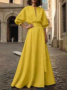 2026春秋新款时尚蝙蝠袖V领系腰不对称A字开衩半身裙，女士春夏新款长裙，女士夏季套装，宽松版型，系腰设计，适合各种身材，多功能简约设计，带口袋，优雅时尚 - 黃色 - 查看 5