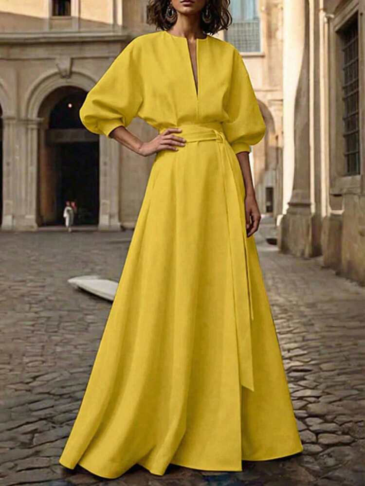 2026 Spring/Autumn New Fashion Batwing Sleeve V-Neck Tie-Waist Asymmetrical A-Line Split Skirt, Women's Spring/Summer New Long Skirt, Women's Summer Set, Loose Fit, Tie-Waist Design, Suitable For All Sizes, Multifunctional Minimalist Design With Pockets Elegant - Yellow - View 5