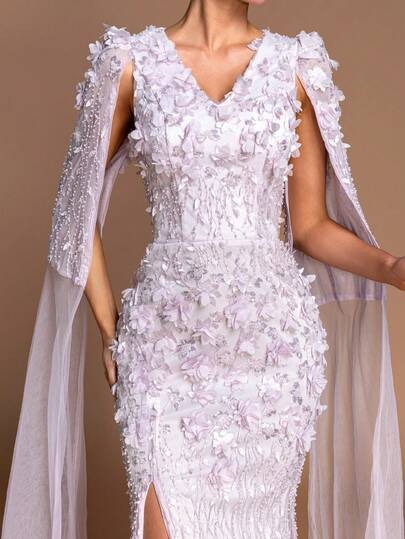 Women's Elegant 3D Floral Beaded V-Neck Poncho Sleeve Cinched Waist High Slit Dress, Luxury Beaded Sequin Mesh Embroidered Cape Sleeve Maxi Gown, Essential For Bride, Celebrity Gala Formal Events