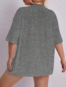 Oversized Printed Aloha Flower T-Shirt, Summer/Spring Short Sleeve Blouse, Lightweight Gym Wear - Grey - View 2