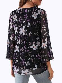 Blusa holgada con volantes, cuello en V, doble capa de malla, con cinturón y mangas 3/4 para mujer - Negro - Ver 2