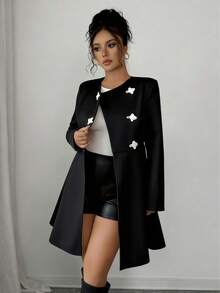 Stylish Women's Long Asymmetrical Flared Coat With Woven Fabric And Unique Toggle Closure Details - Black - View 3
