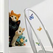 1 件趣味三猫墙贴 - 彩色花朵和蝴蝶图案，可移除自粘墙贴，易于清洁，适用于浴室、卧室、客厅的家居装饰 - 经典动物纹样设计，趣味十足，装饰性强 - 彩色 - 查看 3