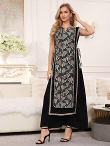 2026 New Style Ramadan Traditional Elegant Sleeveless V-Neck Dress With Embroidery, Silver Sequins, Tassels And Tie For Arabian Women - Black - View 8