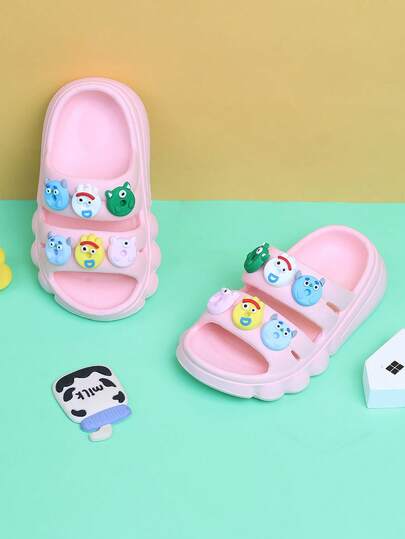 1 Pair Kids Cartoon Cow Horn EVA Waterproof Open Toe Slip-On Casual Slippers For Outdoor/Beach