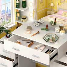 White Dressing Table Set LED Bulbs Large Mirror Vanity Make Up Desk 7 Drawers - White - View 6