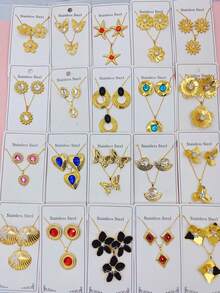 Bộ 10 chiếc/Bộ bông tai và vòng cổ bằng thép không gỉ tối giản dành cho nữ, kiểu dáng thanh lịch, dễ thương với hình trái tim và quả anh đào, bộ trang sức nhiều món dùng cho tiệc tùng, đám cưới, trang phục hàng ngày, phụ kiện thời trang, giao hàng ngẫu nhiên - Bạc - Xem 16