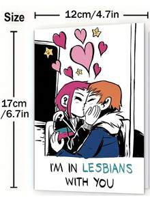1pc, Unique Valentine's Day Card. LGBTQ Valentine's Card. Adult Valentine's Card. Includes Envelope. Premium Paper. Cartoon Girl Kissing Design. Love Card For LGBTQ. - Multicolor - View 2