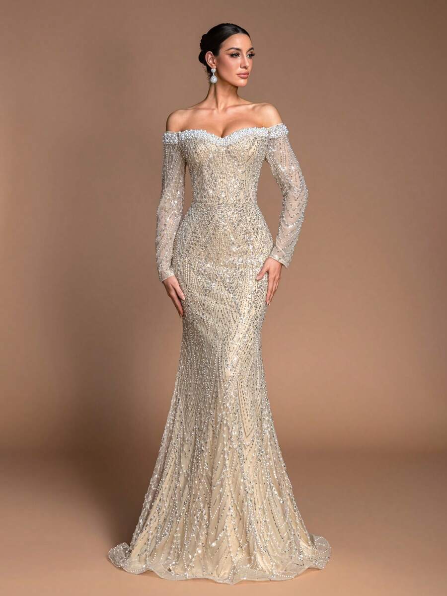 Elegant Women's Sparkling Beaded Off-Shoulder Mermaid Long Sleeve Dress, Fitted Long Shoulder-Revealing Gown With Pearl Embellishment, High-End Evening Gown For Wedding, Business, Party - 香檳色 - 查看 1