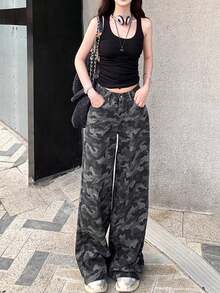 Americana de camuflaje retro pantalones vaqueros de pierna ancha las mujeres la primavera y el otoño de cintura alta suelta delgada recta pantalones de arrastre pantalon de mezclilla dama - Negro - Ver 3