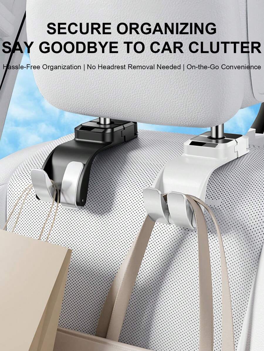 2个装汽车头枕挂钩，黑白两色，耐用ABS材质，后座储物整理器，旅行必备 - 彩色 - 查看 1