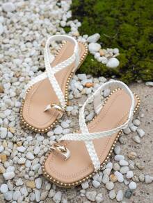 2026 Summer New Woven Thong Sandals With Crossed Straps, Comfortable Flat Beach Vacation Sandals - White - View 5