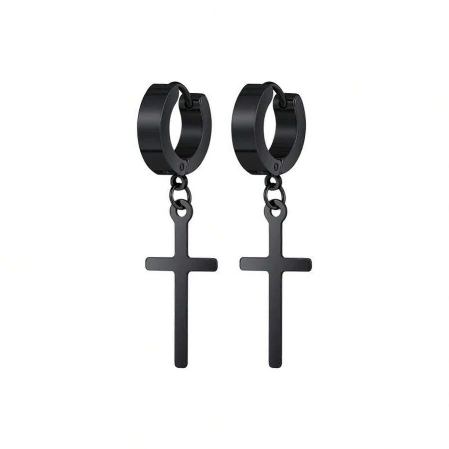 Brinco Argola Cruz Prata / Preto - Aço Inoxidável Masculino e Feminino - Preto - Visão 1