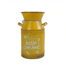 Turmeric-Colored Metal Decorated Milk Jar Vase, Vintage Distressed Iron With Jute Rope Tie, Printed With "Hello Sunshine" Text And Floral Pattern, Brings Fresh And Vibrant Atmosphere. Can Be Used As A Vase For Spring Branches And Dried Flowers, Or As A Storage Jar, Suitable For Desk, Windowsill Decor, Spring Home And Store Display. - Yellow Double-handled Milk Jug - View 7