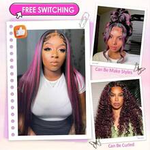 BMNH 13x4 Lace Front Wig, 180% Density, Wavy Curly, Ombre Pink & Black, Glueless Lace Front Wig, Highlight Pink - SNatural/Pink - View 5