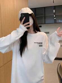 Women's Solid White Minimalist Contrast Color Letter Double-Sided Print Base Layer Long Sleeve Loose Versatile Casual Commute Ribbed Neutral Top, Extremely Simple Solid Color Basic T-Shirt Spring - White - View 3