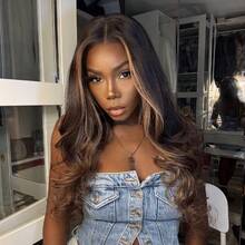 CEXXY 34-Inch Long, Honey-Blonde Ombré Lace Front Wig Made Of Real Human Hair, 250% Density, Body Wave, 13x4 HD Lace Front, Pre-Plucked, Brown Highlights, S1/30, Colored Lace Front, Glue-Free, For Women - S1/30 - Xem 2