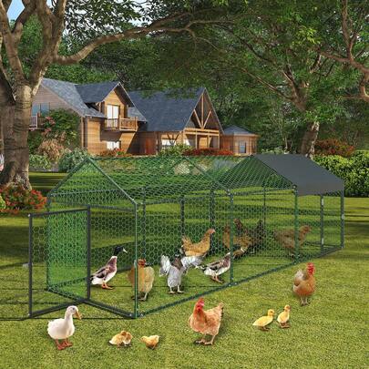 Corral Metálico para Gallinas de 120"x40"x40" Grande con Toldo Impermeable y Anti-UV, Recinto Exterior Resistente para Gallinas, Patos, Conejos y Gansos, Color Negro