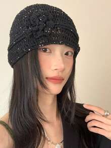 Women's Crochet Cap With Floral Accents, Cute And Sheer, Simple Design For Spring And Summer, Beige - Black - View 9