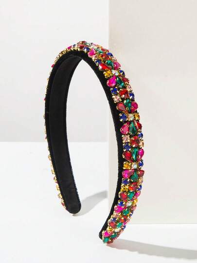 1pc Vintage Baroque Style Black Velvet Headband With Colorful Gemstone Decor, High-Quality Elegant Hair Accessory, Hair Band, Hair Hoop