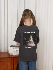 Tween Girl Casual Funny Print Round Neck Short Sleeve T-Shirt, Summer Top - Dark Grey - View 2