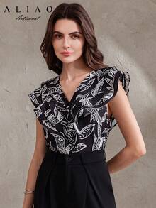 Elegant Ruffle Collar Blouse, New Leaf Print, Women's Shirt, Summer Top, Ruffle Hem Blouse, Summer Shirt, Casual Women's Wear, Dignified Top, Women's Summer Clothing - Black and White - View 7