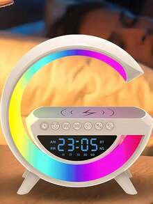 1/2pcs Multifunctional G-Shaped Bluetooth Speaker Digital Alarm Clock With Wireless Charging And RGB Ambient Light, Modern Gaming Room Decor Bedside Table Decor, Suitable For Bedroom, Home Office, Adjustable Ambient Light, Ideal Gift For Valentine's Day