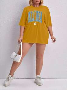 Oversized Printed Aloha Flower T-Shirt, Summer/Spring Short Sleeve Blouse, Lightweight Gym Wear - Mustard Yellow - View 4