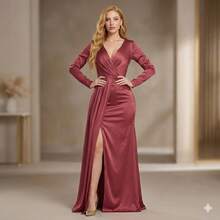 Vestido de Gala en Power Satín con Manga Larga y Abertura Later - Rosa Roja - Ver 4