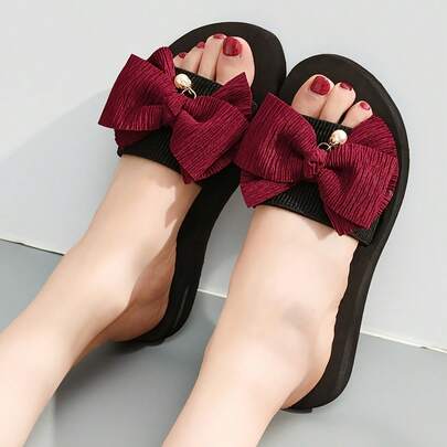 女士纯色凉鞋，蝴蝶结装饰套脚厚底沙滩拖鞋，防滑度假厚底人字拖