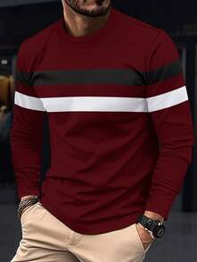 New Men's Colorblock Long Sleeve T-Shirt, Breathable & Comfy Casual Sports Fitness Running Beach Holiday Wear, Spring/Autumn, For Fall - Burgundy - View 1