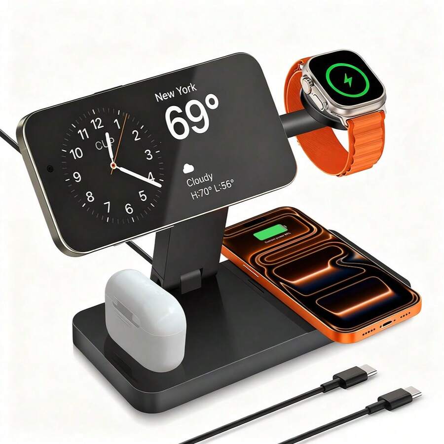 Foldable 4-In-1 Magnetic Wireless Charging Station, Compatible With IPhone 17/Air/16/15/14/13/12 Pro Max/Plus, Compatible With Galaxy Ultra/11/10/9/8/7/6/5/SE/4/3/2, Compatible With Apple Watch Pro/Pro 2/4/3/2 - Multicolor - View 1