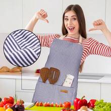 2 Pack Adjustable Bib Apron With 2 Pockets Chef CooFKing Kitchen Restaurant Aprons For Women Men,Blue/BlackPinstripes - 藍/黑細條紋 - 查看 5