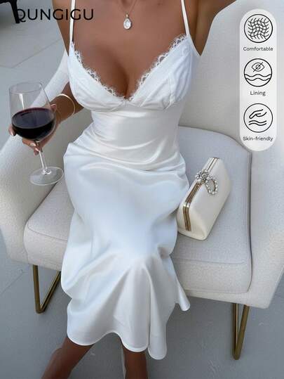 QUNGIGU Women's Satin Slip Midi Dress, Lace Trim, V-Neck, Silk Lining, Elegant Backless, Suitable For Cocktail Party, Wedding, Bridal Shower