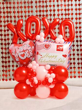 56pcs Valentine's Day Party Decoration Balloon Set, Including 16-Inch Red "XOXO" Letter Foil Balloons, Pink Love Letter/Envelope Shaped Balloons, 18-Inch "I Love You" Heart Shaped Balloons, Suitable For Valentine's Day, Birthday, Wedding, Anniversary, Confession, Scene Atmosphere Decoration, Photo Booth Props, Party Decor