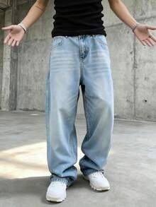 男士宽松嘻哈牛仔裤阔腿牛仔裤休闲宽松长裤街头风多色男士长裤 - 淺色水洗藍 - 查看 5